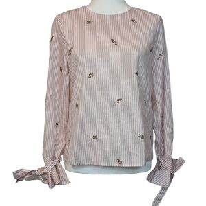 J.O.A. Pink / White Striped Embroidered Long Sleeve Buttoned Back Top size small